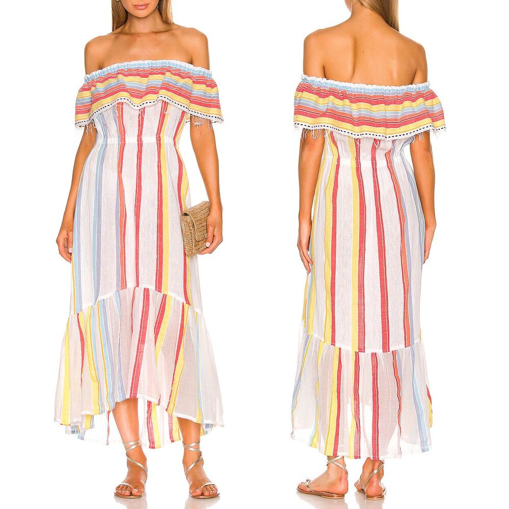 Lemlem Mokati Beach Dress Stripes Lemon Zest Off the Shoulder SZ L